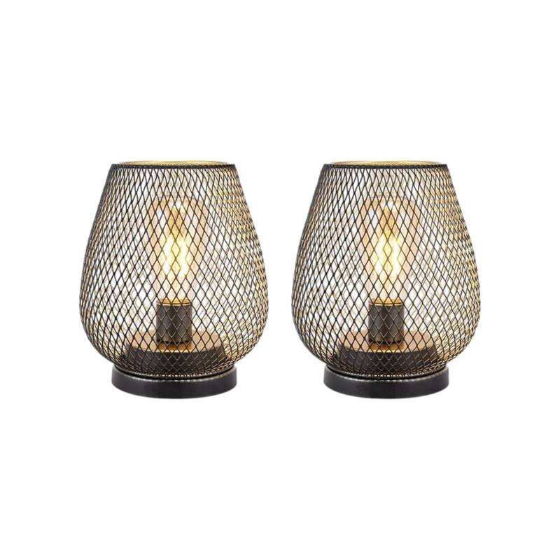 HomeRoots Set of Two 7" Antiqued Bronze Pierced Geometric Cordless Lantern Lamps - 5.50 in. x 6.50 in. x 5.50 in.