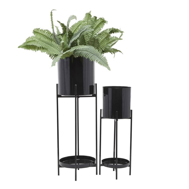 Metal Indoor Outdoor Planter with Lower Shelf and Removable Stand - Set of 2 Black - CosmoLiving by Cosmopolitan