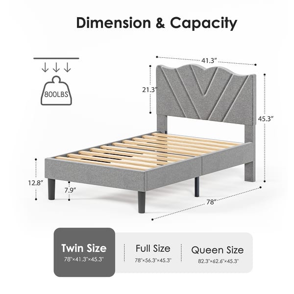 Twin Size Platform Bed Frame with Upholstered Headboard, Durable Metal and Wood Construction