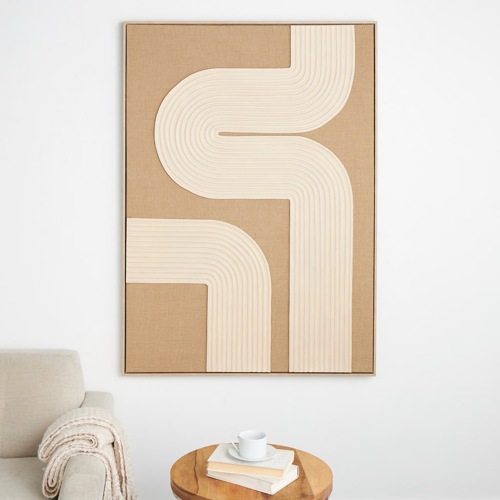 Brown Canvas Textured Abstract Framed Wall Art with Tan Ribbed Curve Shapes