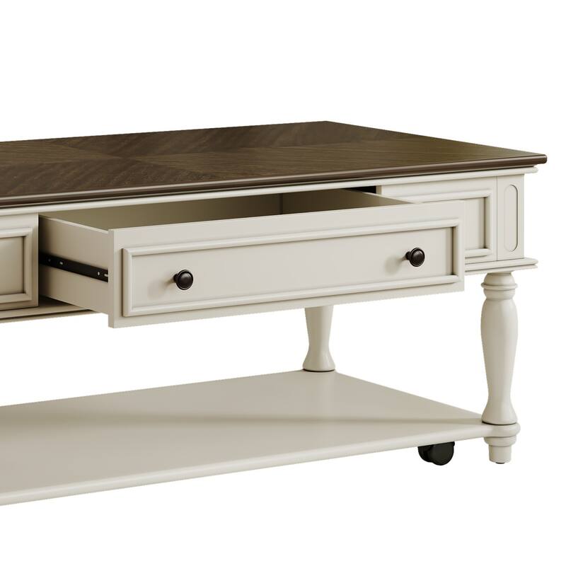 Farmhouse Coffee Table with One Drawer and Lockable Wheels, Retro Center Table - 47.2" W × 23.6" D × 19.6" H