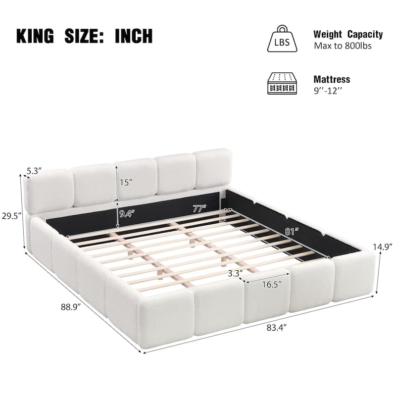 White Block Upholstered Frame Grounded Bed with Boucle Thick Headboard Footboard Platform Bed, Lowprofile Wingback Bed Floor Bed