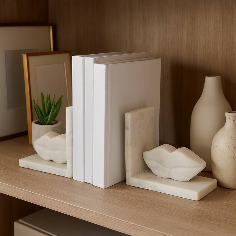 Modern Marble Lips on Base Decorative Bookends - Set of 2, 6", White - 6.0"