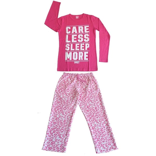 Women Cotton Top & Fleece Lined Pants Pajamas Set (Hot Pink)
