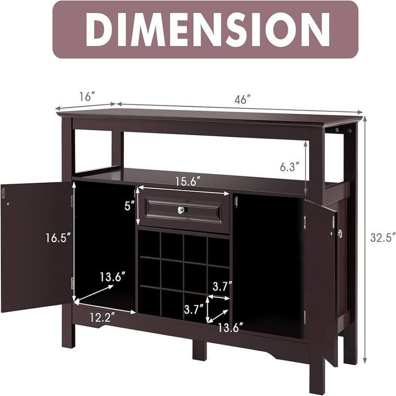 Kitchen Sideboard Buffet Storage Cabinet - 16"D x 46"W x 32.5"H