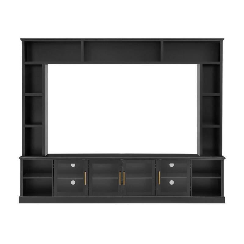 Modern Entertainment Center Wall Unit for TVs up to 80", One-Piece 95.1" TV Console Unit with Bookshelves & Tempered Glass Doors