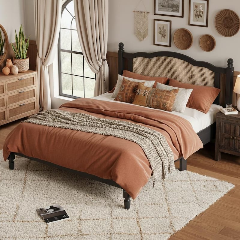 Vintage Rattan-Panel Platform Bed by Harper&Bright Designs - Black - Queen