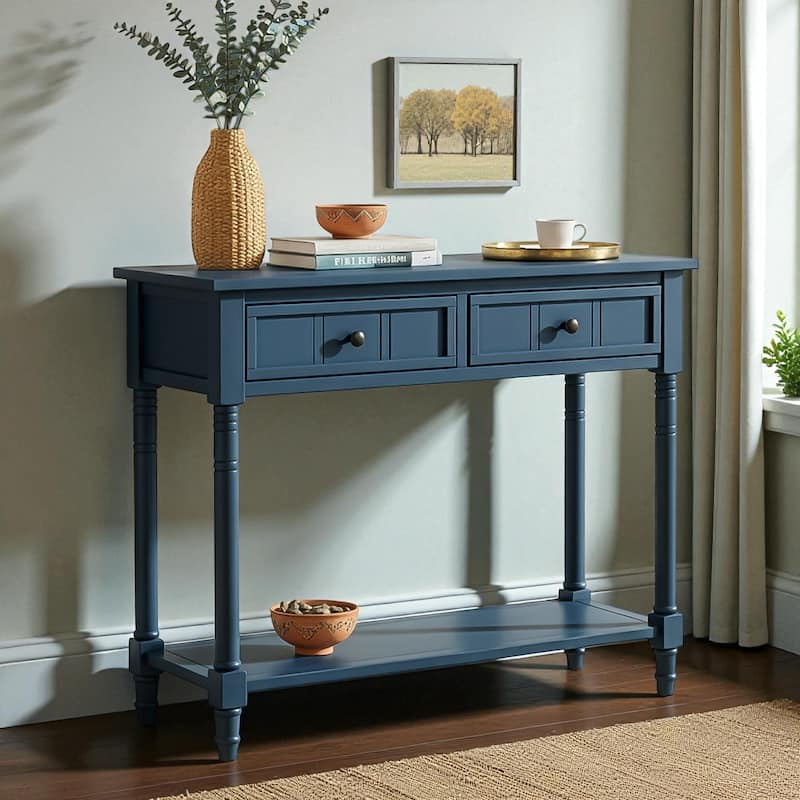 Daisy Series Traditional Console Table with 2 Drawers and Bottom Shelf, Solid Pine Wood Entryway Accent Table - Dark Navy