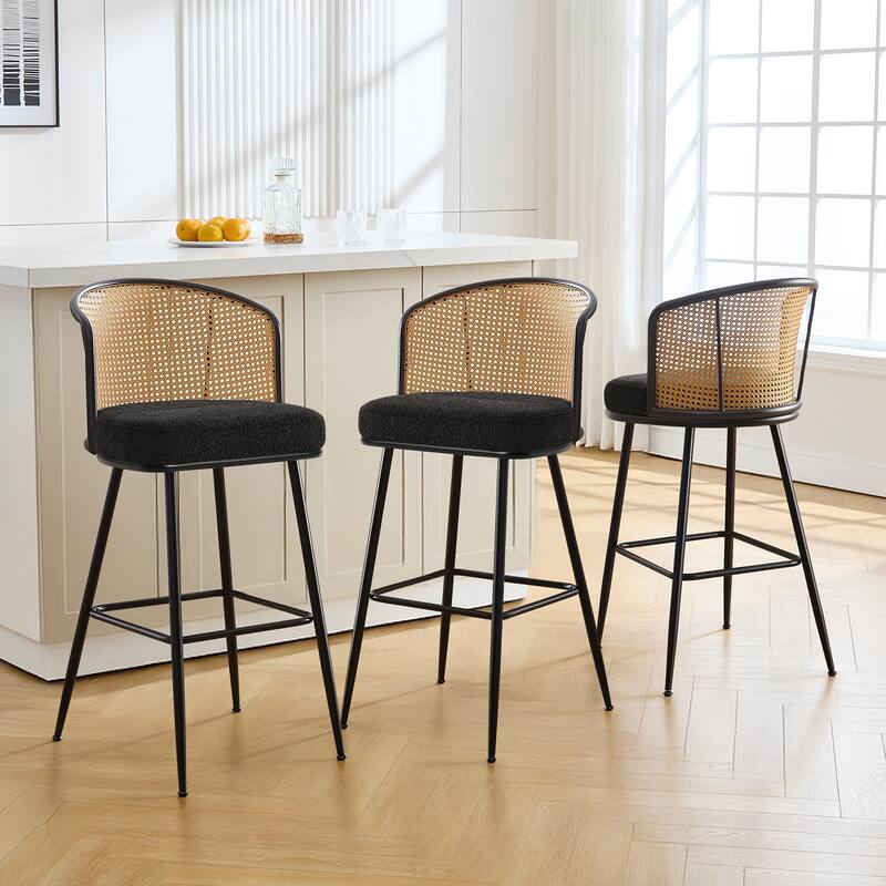 26"/29" Rattan Upholstered Bar Stool /Counter Stools Set of 2/3/4 - Set of 3 - Fabric-Black - Bar Height