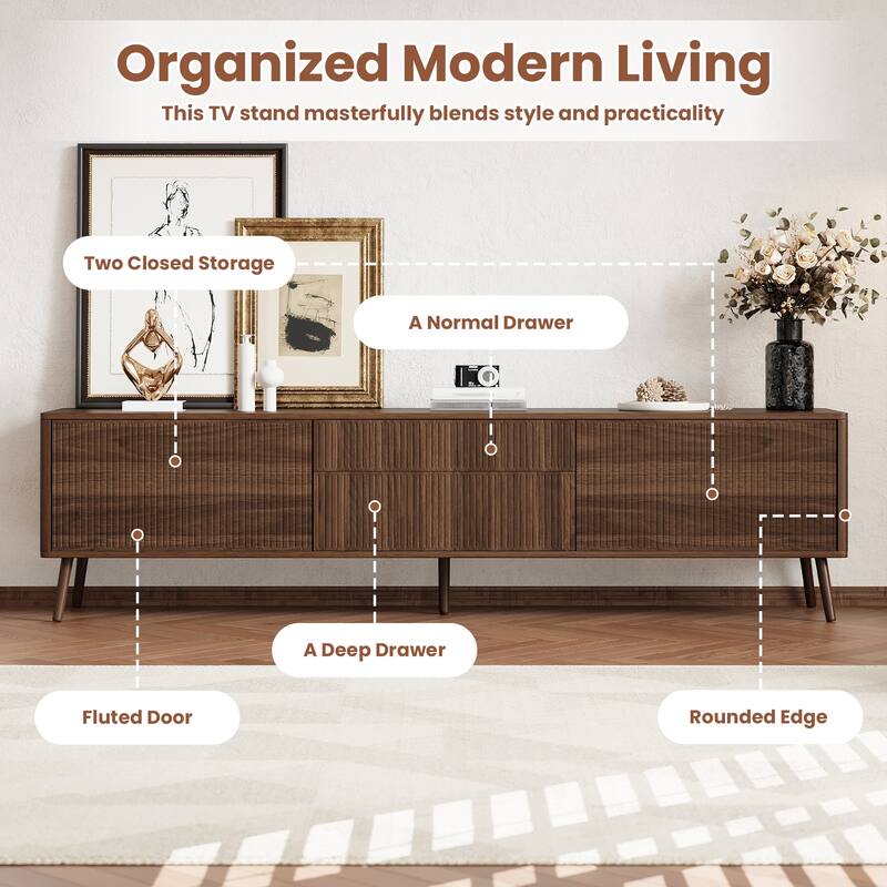 Fluted TV Stand for TVs up to 80", 70" Entertainment Center with Storage Drawer, TV Console with 2 Cabinet