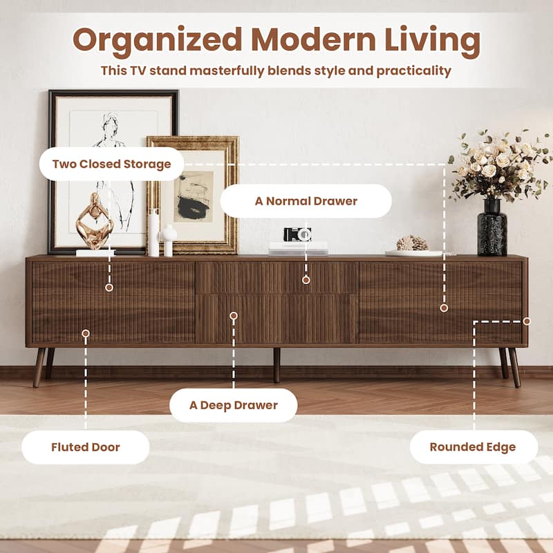Roomfitters 70 Inch Fluted TV Stand for TVs up to 80 Inch, Media Console with Storage Drawers, Cabinets & Soft-Close, Walnut