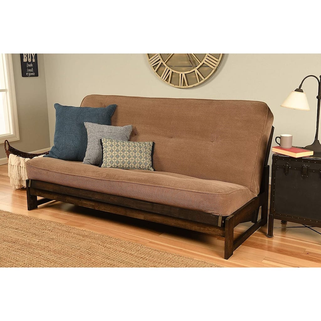 Modern Futon Frame & Mattress Set - Full Size Sofa Bed - Reclaimed Mocha Finish - Space Saving Design