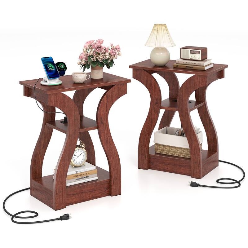 Gymax End Tables w/Charging Station Set of 2 3-Tier Side Tables w/USB - Cherry