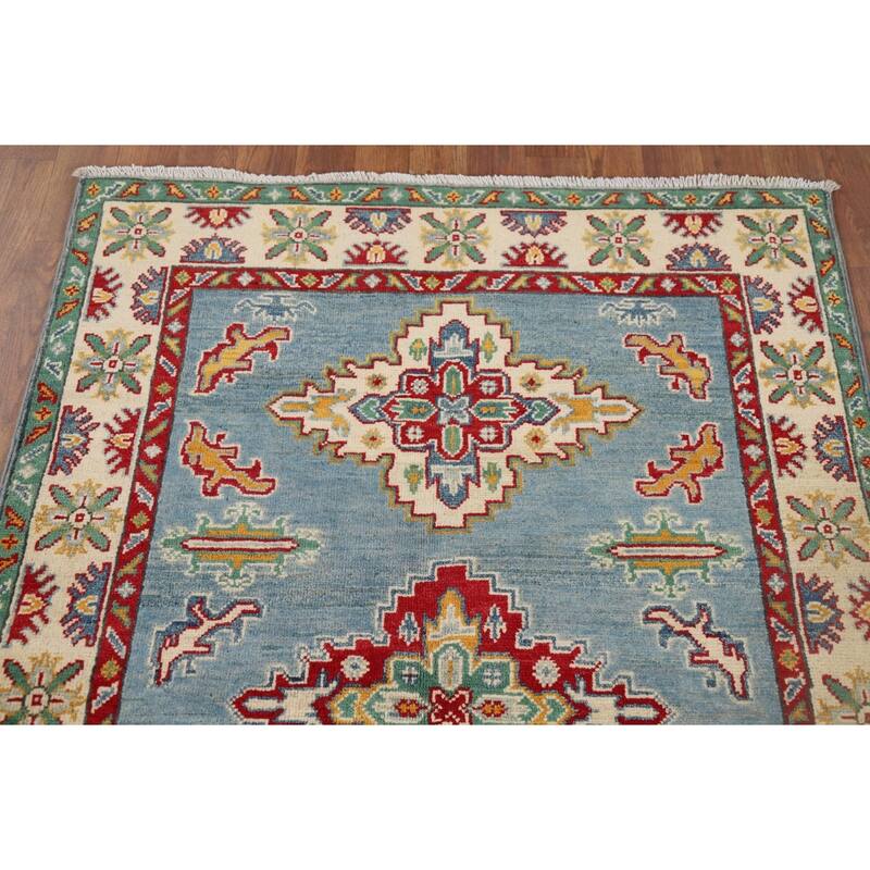 Light Blue Medallion Kazak Oriental Rug Hand-Knotted Wool Carpet - 3'5" x 4'10"