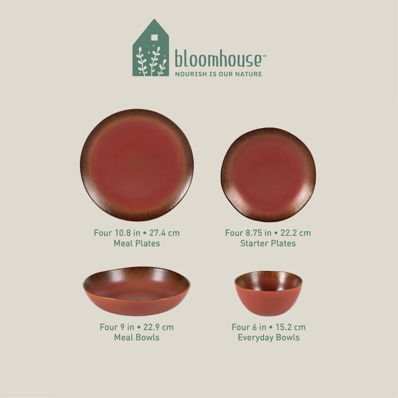 Bloomhouse Palermo Sun 16 Piece Double Bowl Stoneware Reactive Glaze Plates and Bowls Dinnerware Set