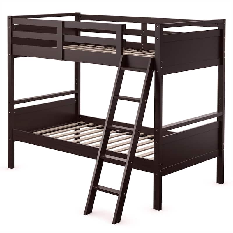 Costway Twin Over Twin Bunk Bed Convertible 2 Individual Beds Wooden - Espresso