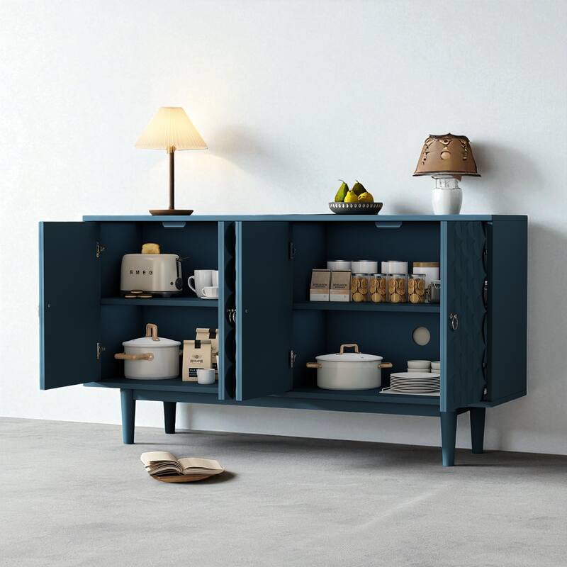 Modern 4-Door Sideboard with Convex Pattern Doors and Silver Handles - 60.70" MDF Storage Cabinet