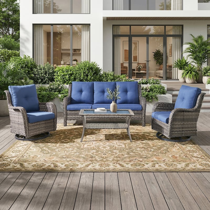 Pocassy Outdoor Patio Wciker Sofa Furniture Set of Chair Table. - Gray Wicker with Blue Cushion - 4-Pieces Patio Sofa Swivel Chair w/ Coffee Table