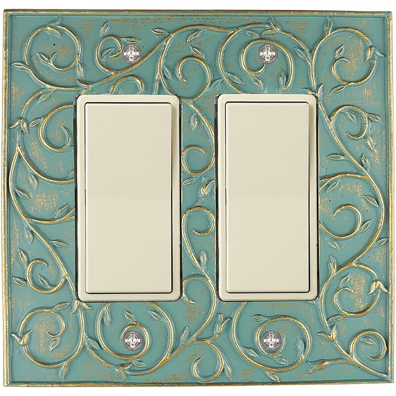 Meriville French Scroll 2 Rocker Wallplate, Double Switch Electrical Cover Plate - Buckingham Green With Gold