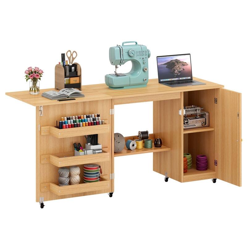 Moasis Folding Sewing Craft Table with Storage Shelves Cabinet With Charge Station