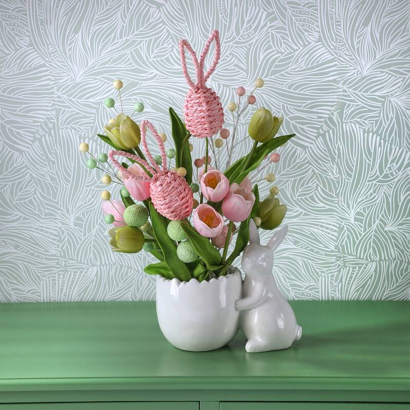 7.5" Resin Bunny With Egg Planter