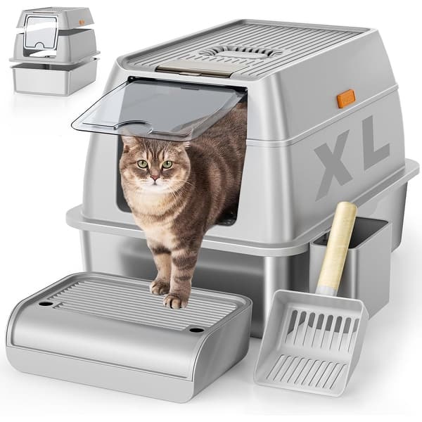 biggest cat litter box with lid 6" Enclosed Stainless Steel Extra Large Cat Litter Box with Lid for Cats  and Bunnies