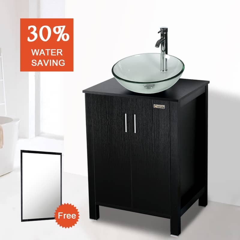 Eclife 24" Bathroom Vanity Set Tempered Glass/ Ceramic Vessel Sink Black Cabinet Mirror Combo Free-standing - clear round sink