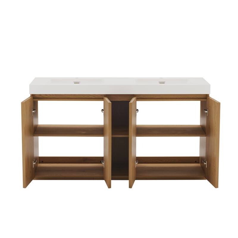 GDFStudio - Galan 60" Freestanding Bathroom Vanity with Quartz Sink, Solf Close Doors, Open Storage Shelf, NO Drain & Faucet