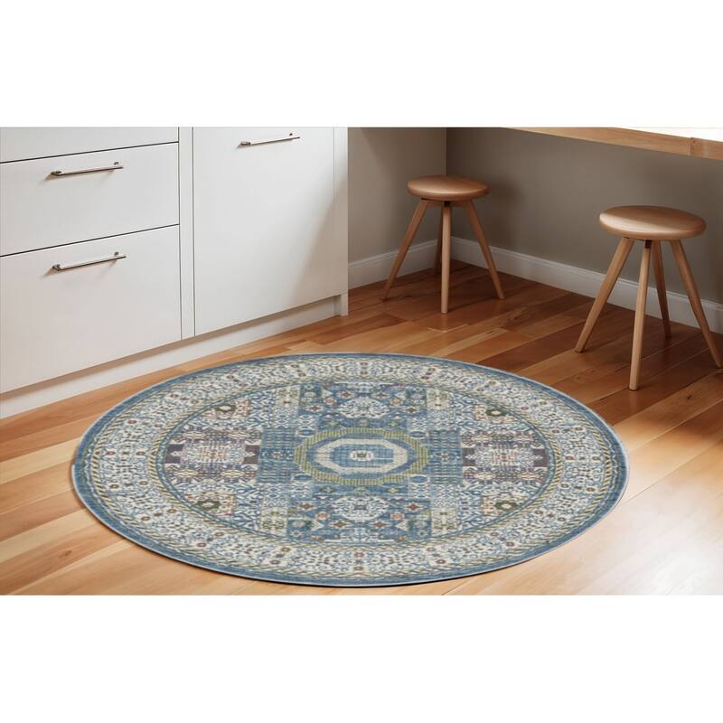 Jili Power Loomed Distressed Geometric Non Skid Area Rug By HomeRoots - 72' X '72' X '0.5 - 72' X '72' X '0.5 - Oxford Blue - Round