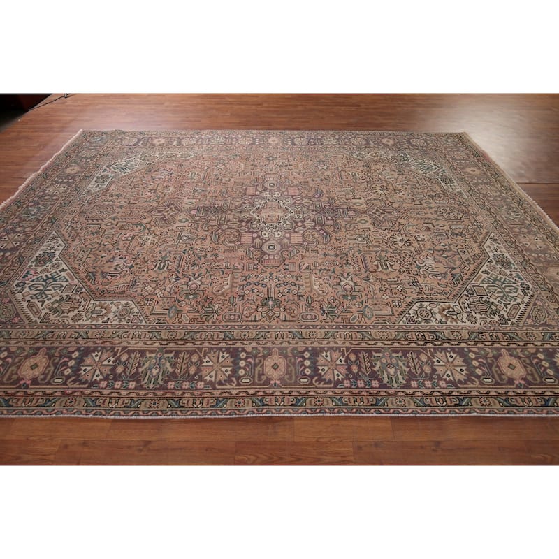 Pink Geometric Tabriz Vintage Persian Rug Hand-Knotted Wool Carpet - 8'0" x 11'2"