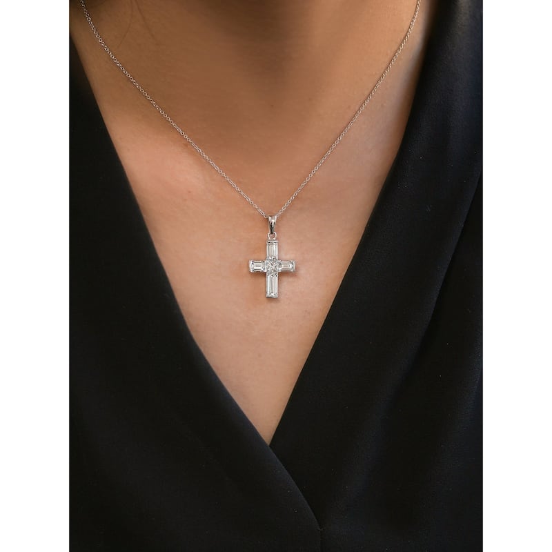 Kobelli 2.9 Carats Natural Diamond Solid 18k White Gold Princess and Baguette-cut Religious Cross Faith Necklace (FG/VS)