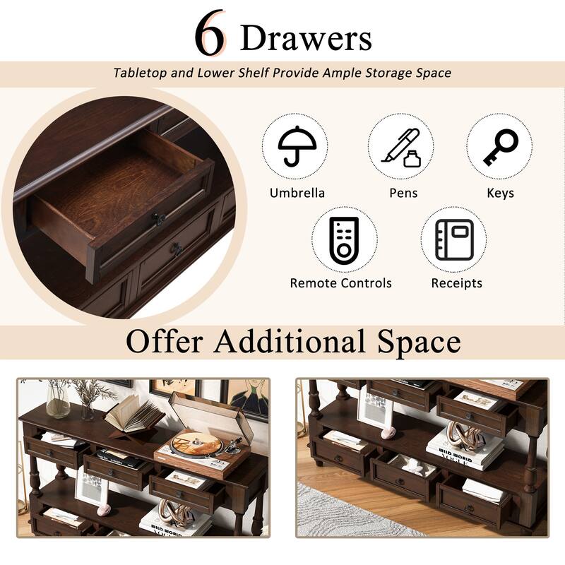 Solid Wood Console Table with 6 Drawers and Shelf, 54 Inch Vintage Entryway Sofa Table