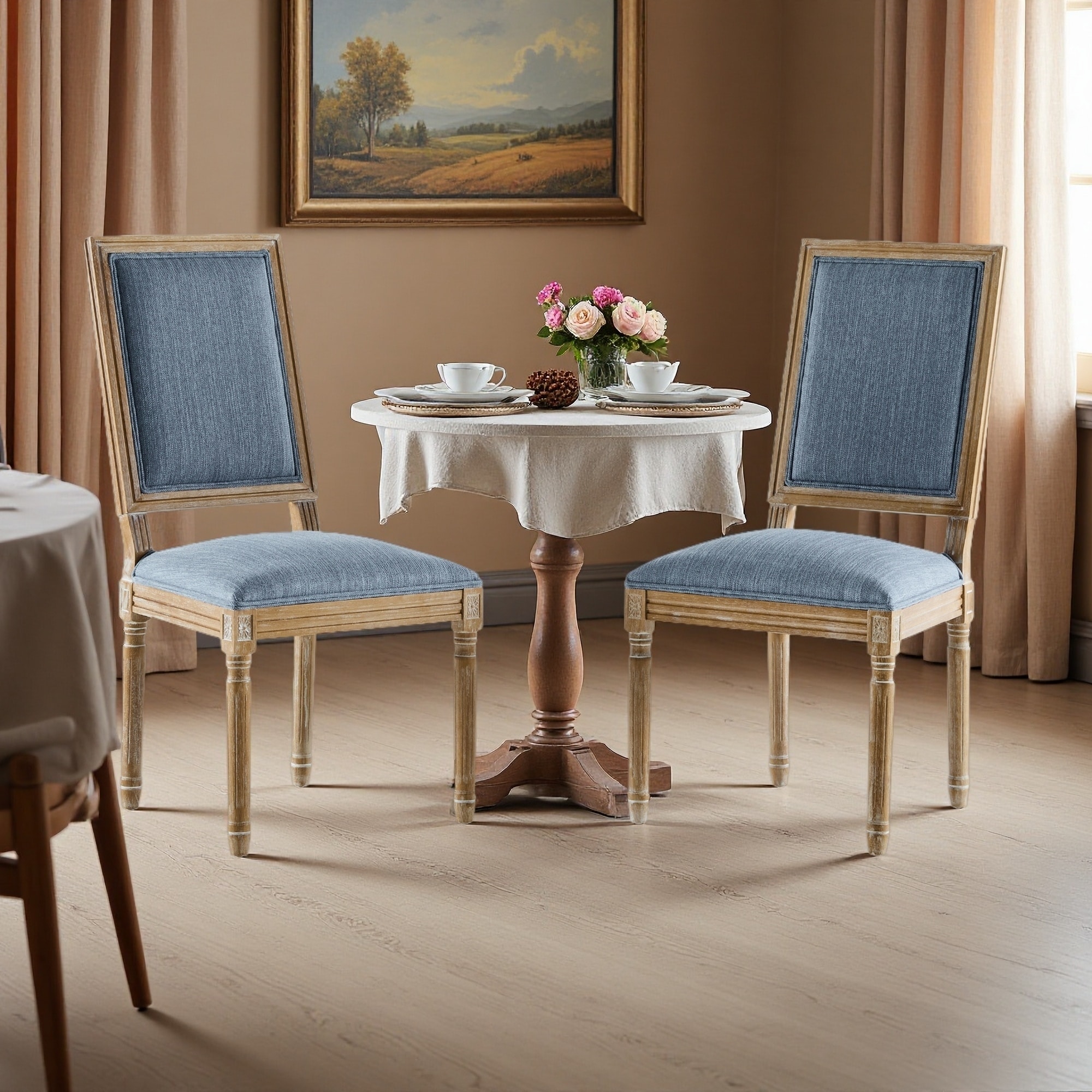 39.5"H Set of 2 French Country Rubberwood Dining Chairs with Rectangular Cane Back, Upholstered Seats, Fluted Legs