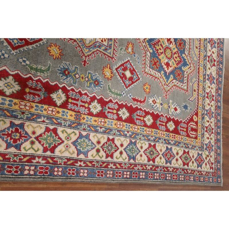 Hand Knotted Oriental 100% Wool Carpet Traditional Geometric Greys & Charcoal Kazak Area Rug - 9' 10'' X 6' 6''