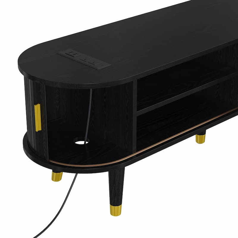 Wooden Oval Fluted TV Stand with Charging Station for TVs Up to 80"