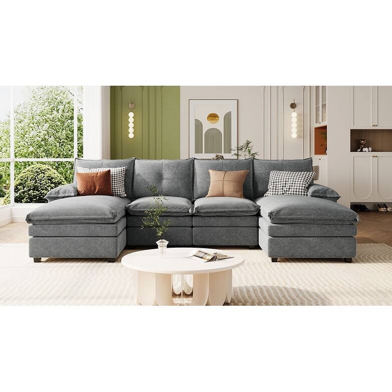 U-Shaped Sectional Sofa, Chenille Fabric Cloud Sofa, 6 Seater Sofa with Adjustable Armrest Pillow for Living Rooms, Office