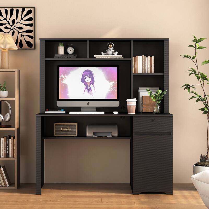 51.2-Inch Computer Desk Executive Desk with Charging Station, Lockable Drawer and Bookshelf for Home Office