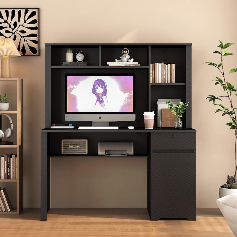 Modern Wood Desk with Bookshelf, Executive Storage Writing Desk for Home, Teens, Gaming Computer Table with Charging Station