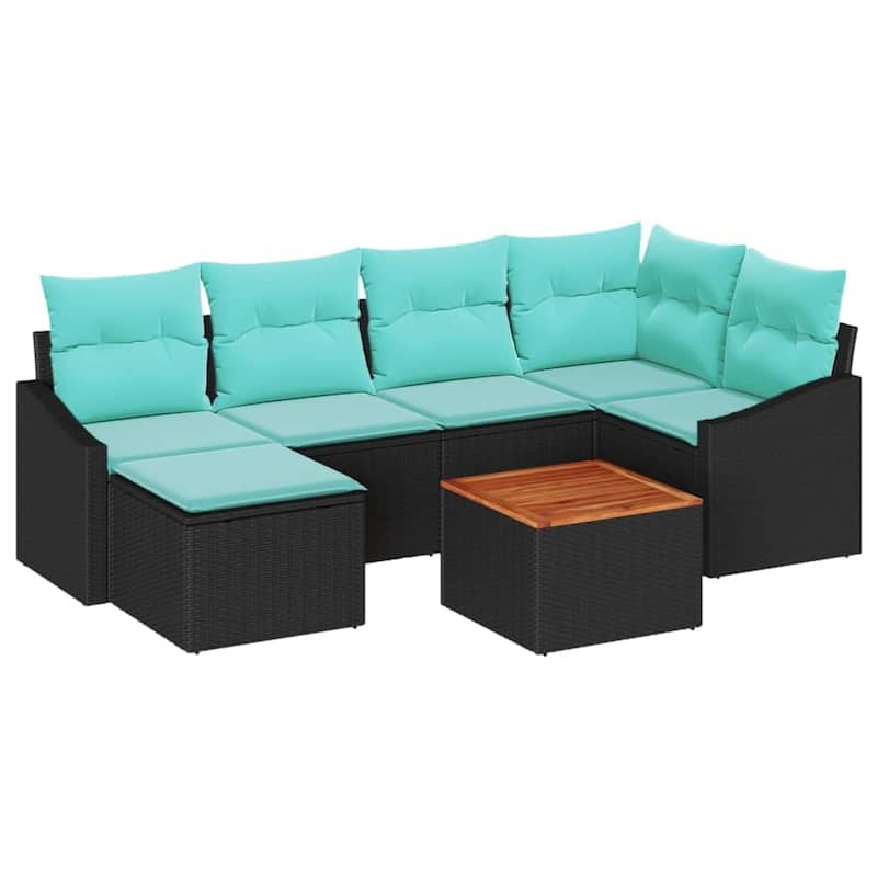 vidaXL 7 Garden Sofa Set with Cushions Black/Grey Poly Rattan - 91.9 x 48.6 x 27.2