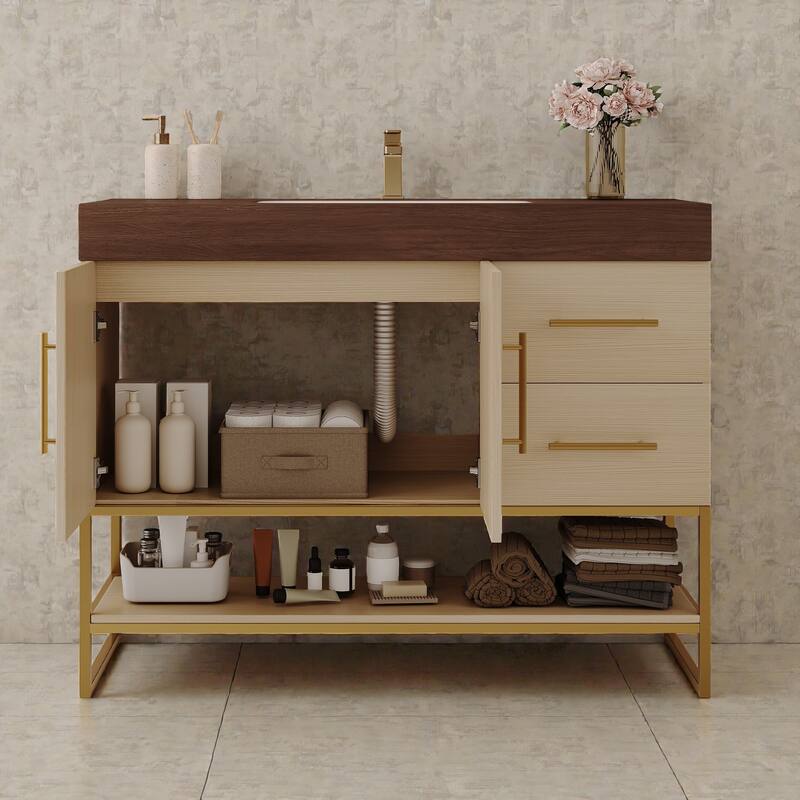 36 Inch Modern Bathroom Vanity with Seamless Ceramic Sink, Freestanding Cabinet with Gold Accents and Storage