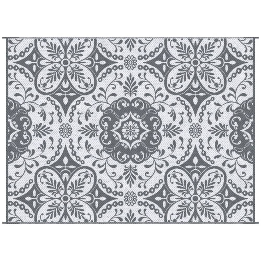 Reversible Outdoor Rug Gray White Floral Waterproof Foldable Camping RV Patio Picnic Mat - 107.75" W x 143.75" L