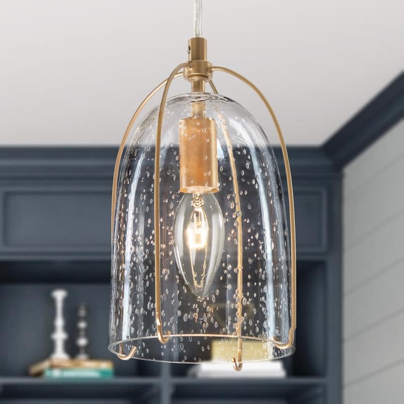 Modern Gold Pendant Light Fixture with Seeded Glass Shades for Foyer and Kitchen Area - 5"D x 8.5"H