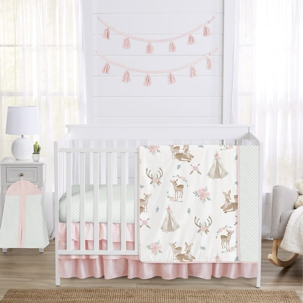slide 2 of 6, Sweet Jojo Designs Blush Pink Mint White Boho Watercolor Woodland Deer Floral Collection Girl 4-piece Crib Bedding Set