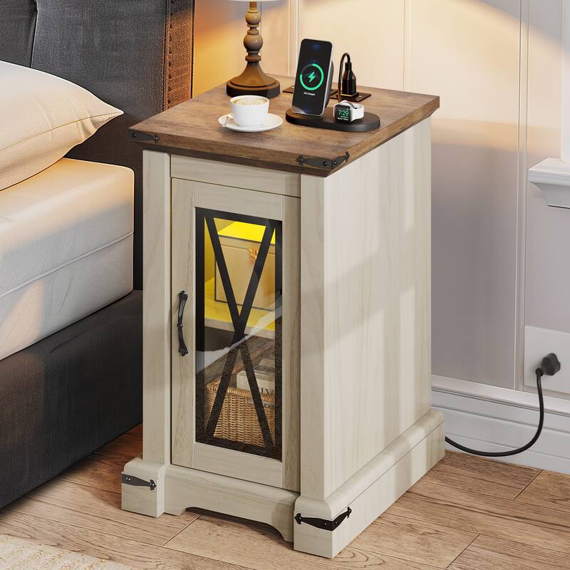 Moasis Farmhouse LED Light End Table with Charging Station, Chairside Sofa Side Table with Storage