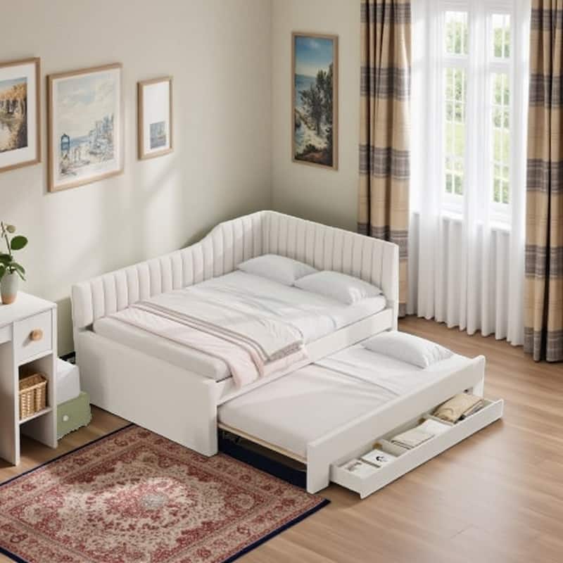 Twin Size Upholstered Daybed with Trundle and 3 Storage Drawers, Linen Blend Fabric - Full Beige - Full