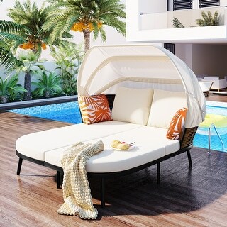 4 Piece Outdoor Daybed, PE Rattan Patio Daybed, Patio Sofa Set With Retractable Canopy, Cushions And Lifting Table, Patio Bed Furniture For Garden
