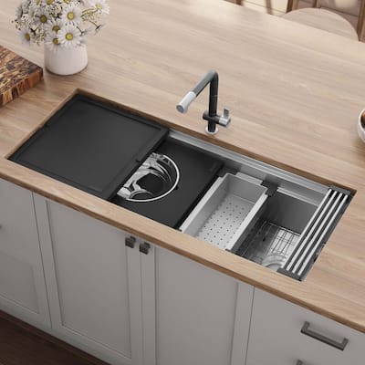 Ruvati 45-inch Workstation Two-Tiered Ledge Kitchen Sink Undermount 16 Gauge Stainless Steel - RVH8335 - 45 x 19