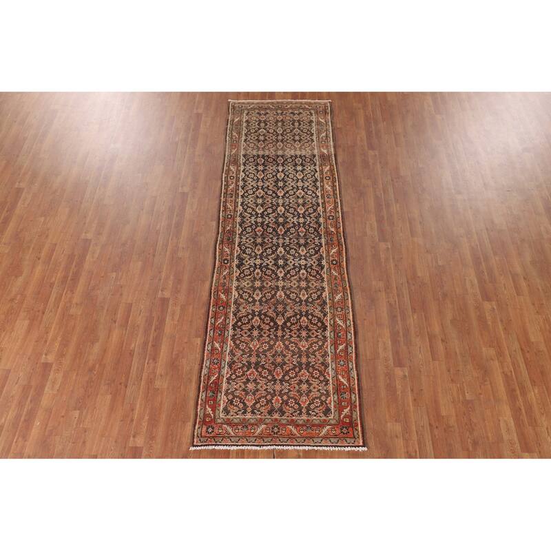 Brown Hamedan Persian Vintage Runner Rug Handmade Wool Carpet - 3'4"x 10'5"