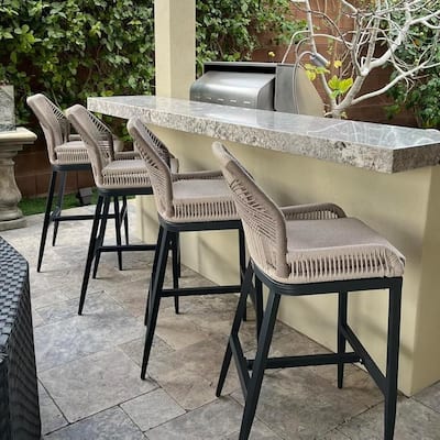 PURPLE LEAF Bar Stools Set of 4 Outdoor Bar Height Metal Stools Modern Wicker Rattan Barstools with Back Aluminum
