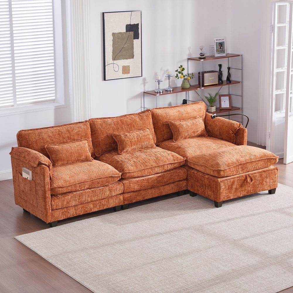 HOMEFUN Chenille Upholstered L-shaped Phone Holder Modular Sectional Sleeper Sofa with Movable Storage Ottoman